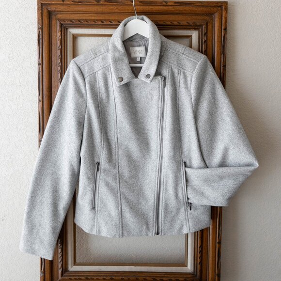 Jaclyn Smith Women’s Size Medium Light Gray Coat Moto Style Jacket Zip Pockets - Picture 2 of 6